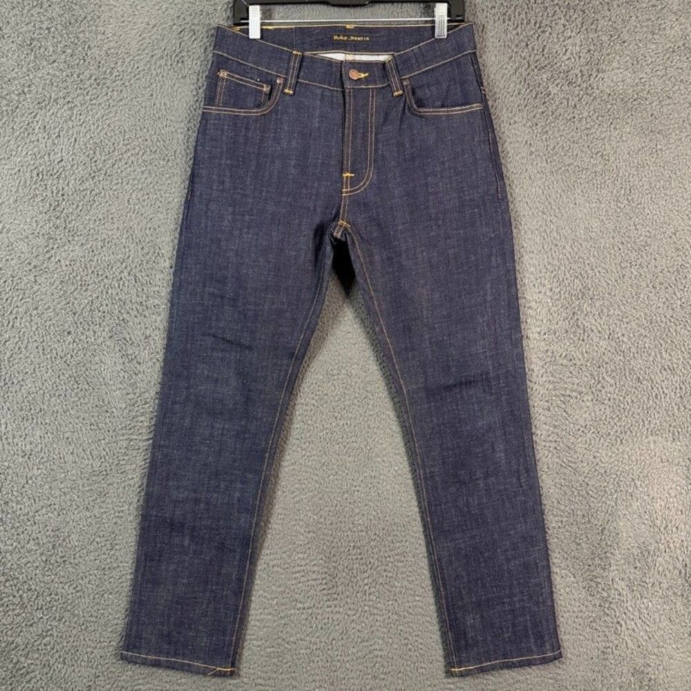 Nudie Jeans Co Mens 31x34 (Fits 30x29) Blue Thin Finn Dry Twill Dark Wash Denim